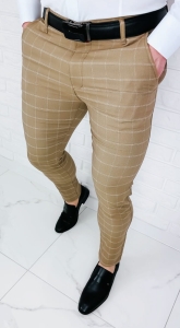 Beżowe eleganckie spodnie męskie slim fit w białą kratę 2039