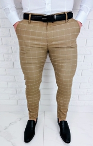 Beżowe eleganckie spodnie męskie slim fit w białą kratę 2039