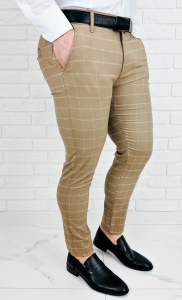Beżowe eleganckie spodnie męskie slim fit w białą kratę 2039