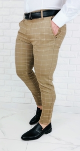 Beżowe eleganckie spodnie męskie slim fit w białą kratę 2039