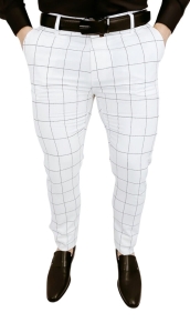 Eleganckie spodnie w czarną kratę slim fit złamana biel Stylovy 2037