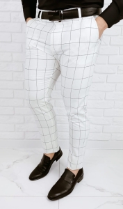 Eleganckie spodnie w czarną kratę slim fit złamana biel Stylovy 2037