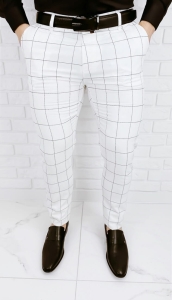 Eleganckie spodnie w czarną kratę slim fit złamana biel Stylovy 2037