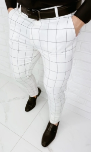 Eleganckie spodnie w czarną kratę slim fit złamana biel Stylovy 2037