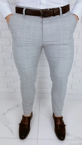 Szare eleganckie spodnie męskie slim fit w białą kratę 2038