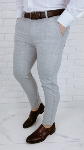 Szare eleganckie spodnie męskie slim fit w białą kratę 2038