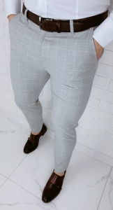 Szare eleganckie spodnie męskie slim fit w białą kratę 2038