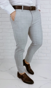 Szare eleganckie spodnie męskie slim fit w białą kratę 2038