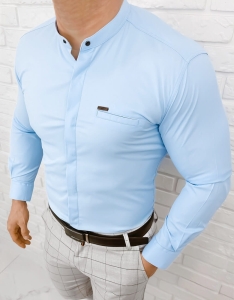 Koszula męska ze stójką niebieska slim fit kryta plisa Stylovy 1961