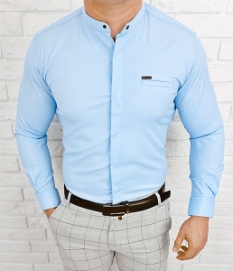 Koszula męska ze stójką niebieska slim fit kryta plisa Stylovy 1961
