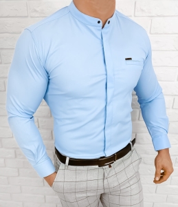 Koszula męska ze stójką niebieska slim fit kryta plisa Stylovy 1961