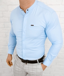 Koszula męska ze stójką niebieska slim fit kryta plisa Stylovy 1961