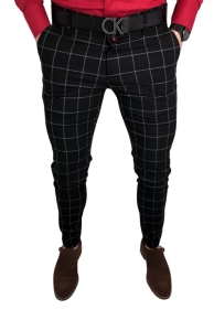 Czarne eleganckie spodnie slim fit w szarą kratę 64s