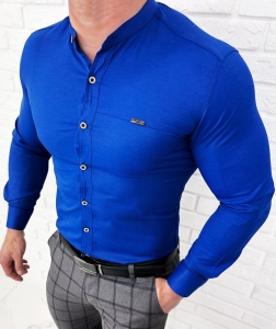 Koszula męska granatowa ze stójką z przeszyciami slim fit Stylovy 1963