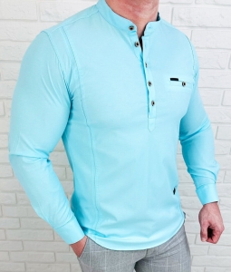 Koszula męska turkusowa ze stójką zapinana do połowy slim fit 1966