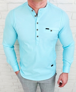 Koszula męska turkusowa ze stójką zapinana do połowy slim fit 1966