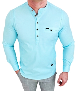 Koszula męska turkusowa ze stójką zapinana do połowy slim fit 1966