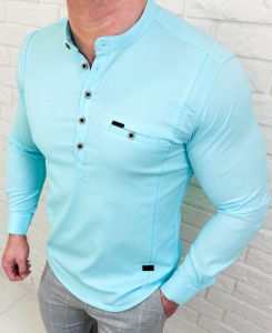 Koszula męska turkusowa ze stójką zapinana do połowy slim fit 1966