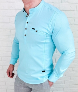 Koszula męska turkusowa ze stójką zapinana do połowy slim fit 1966