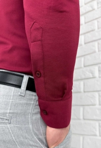 Koszula bordowa ze stójką męska z krytą plisą slim fit oxford logo 2008