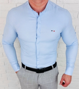 Koszula niebieska ze stójką męska z kryta plisa slim fit oxford logo 2008