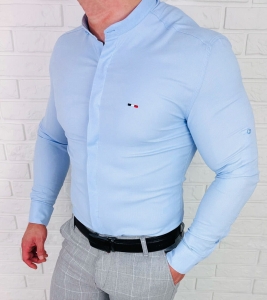 Koszula niebieska ze stójką męska z kryta plisa slim fit oxford logo 2008