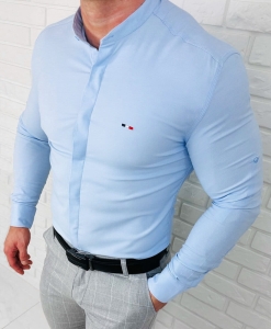 Koszula niebieska ze stójką męska z kryta plisa slim fit oxford logo 2008