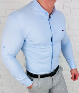 Koszula niebieska ze stójką męska z kryta plisa slim fit oxford logo 2008