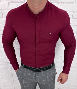 Koszula bordowa ze stójką męska z krytą plisą slim fit oxford logo 2008