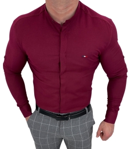 Koszula bordowa ze stójką męska z krytą plisą slim fit oxford logo 2008