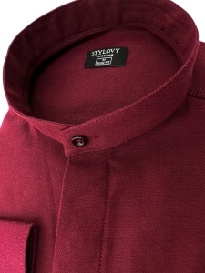 Koszula bordowa ze stójką męska z krytą plisą slim fit oxford logo 2008
