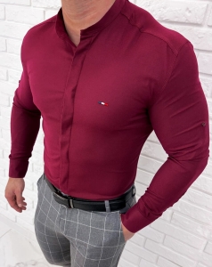 Koszula bordowa ze stójką męska z krytą plisą slim fit oxford logo 2008