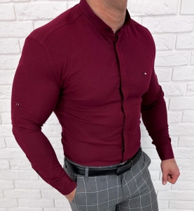 Koszula bordowa ze stójką męska z krytą plisą slim fit oxford logo 2008