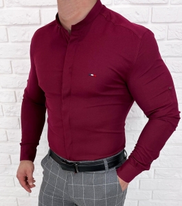 Koszula bordowa ze stójką męska z krytą plisą slim fit oxford logo 2008