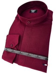 Koszula bordowa ze stójką męska z krytą plisą slim fit oxford logo 2008