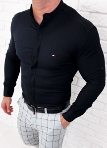 Koszula czarna ze stójką męska z krytą plisą slim fit oxford logo 2008