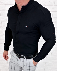 Koszula czarna ze stójką męska z krytą plisą slim fit oxford logo 2008