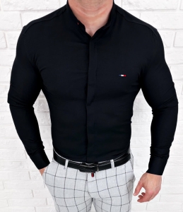 Koszula czarna ze stójką męska z krytą plisą slim fit oxford logo 2008