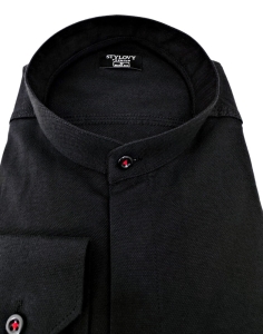 Koszula czarna ze stójką męska z krytą plisą slim fit oxford logo 2008