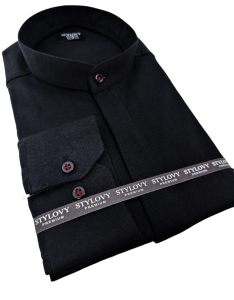 Koszula czarna ze stójką męska z krytą plisą slim fit oxford logo 2008
