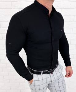 Koszula czarna ze stójką męska z krytą plisą slim fit oxford logo 2008