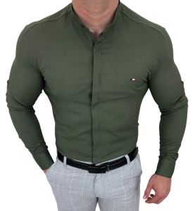 Koszula khaki ze stójką męska z krytą plisą slim fit oxford logo 2008