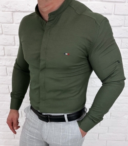 Koszula khaki ze stójką męska z krytą plisą slim fit oxford logo 2008