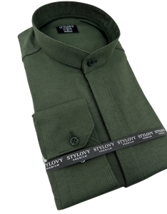 Koszula khaki ze stójką męska z krytą plisą slim fit oxford logo 2008