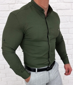 Koszula khaki ze stójką męska z krytą plisą slim fit oxford logo 2008