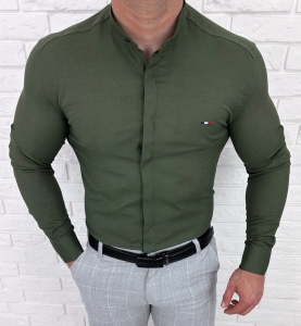 Koszula khaki ze stójką męska z krytą plisą slim fit oxford logo 2008