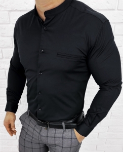 Czarna koszula męska ze stójką slim fit kieszonka Rs-684