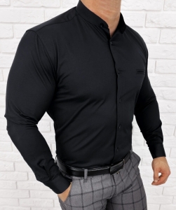 Czarna koszula męska ze stójką slim fit kieszonka Rs-684