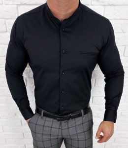 Czarna koszula męska ze stójką slim fit kieszonka Rs-684