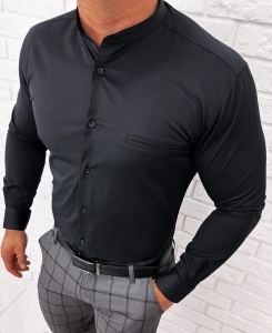 Czarna koszula męska ze stójką slim fit kieszonka Rs-684